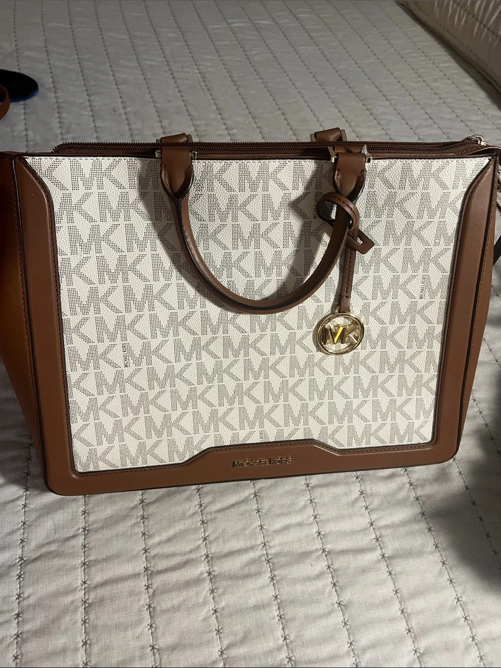 Michael Kors Vanilla Signature Logo Tote with Brown Trim